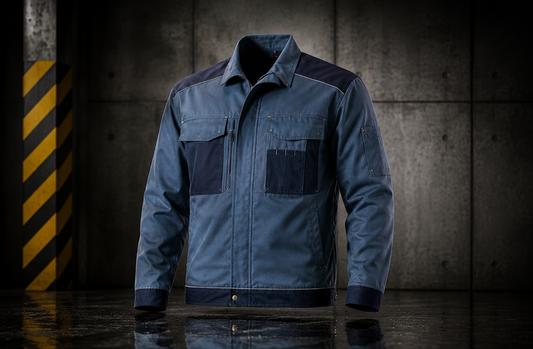 Blue work jacket and pants set against a dark concrete wall with a striped pole.