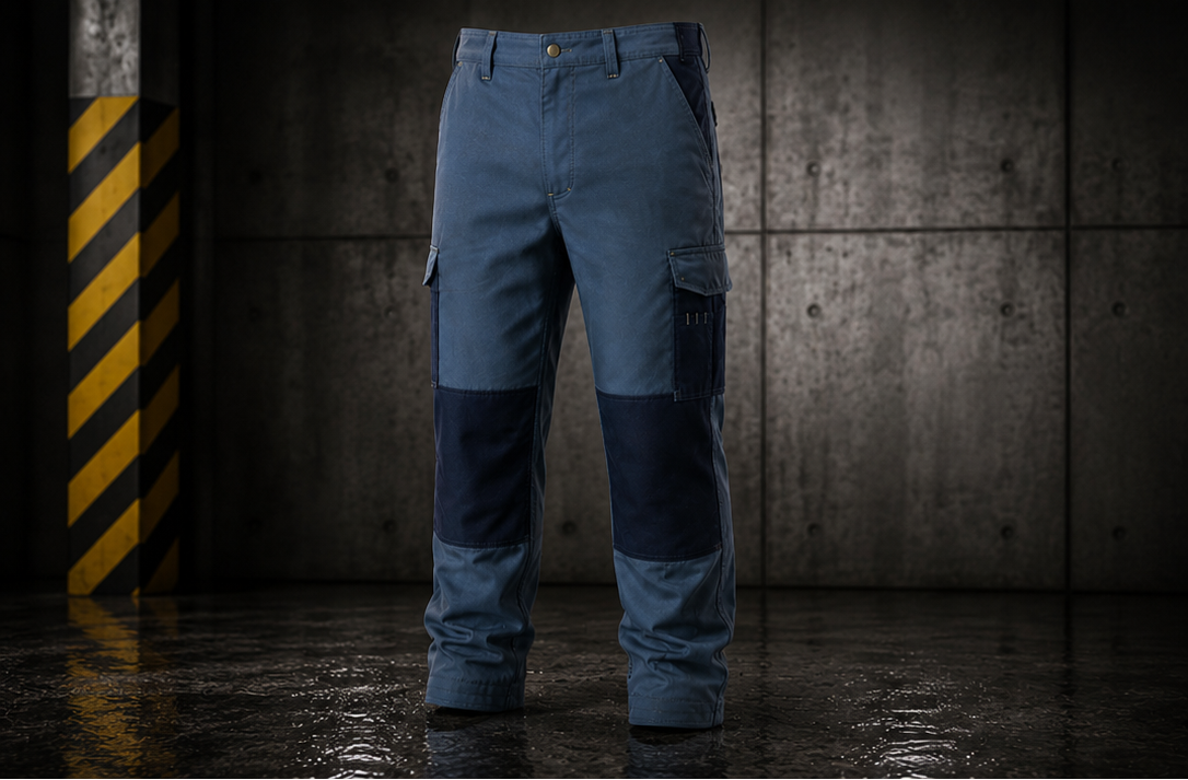Blue work jacket and pants set against a dark concrete wall with a striped pole.