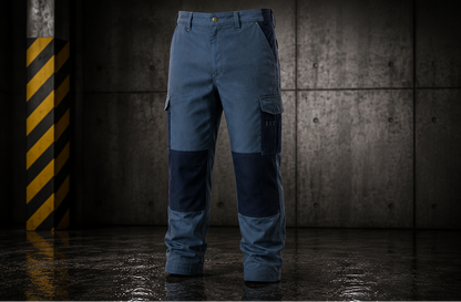 Blue work jacket and pants set against a dark concrete wall with a striped pole.